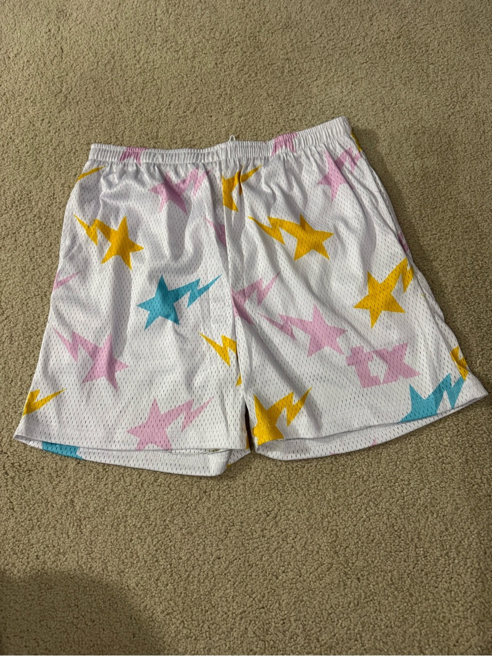 White Mesh Shorts with Yellow Stars and Pastel Accents